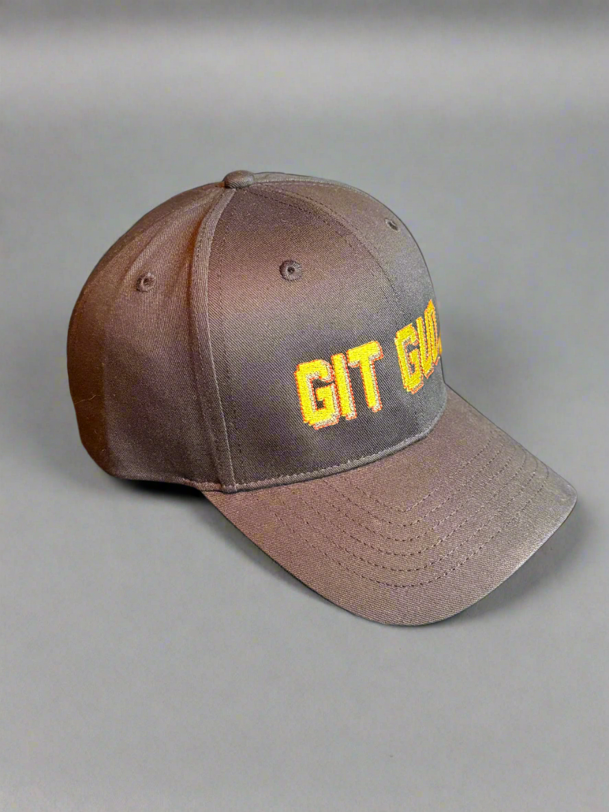 Side angle of black GIT GUD_ cap, showing gamer embroidery and classic snapback fit