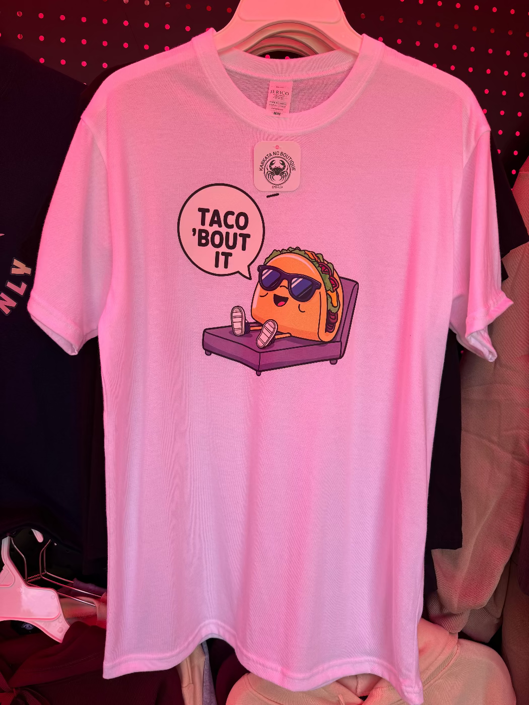 front view of taco 'bout it white printed t-shirt