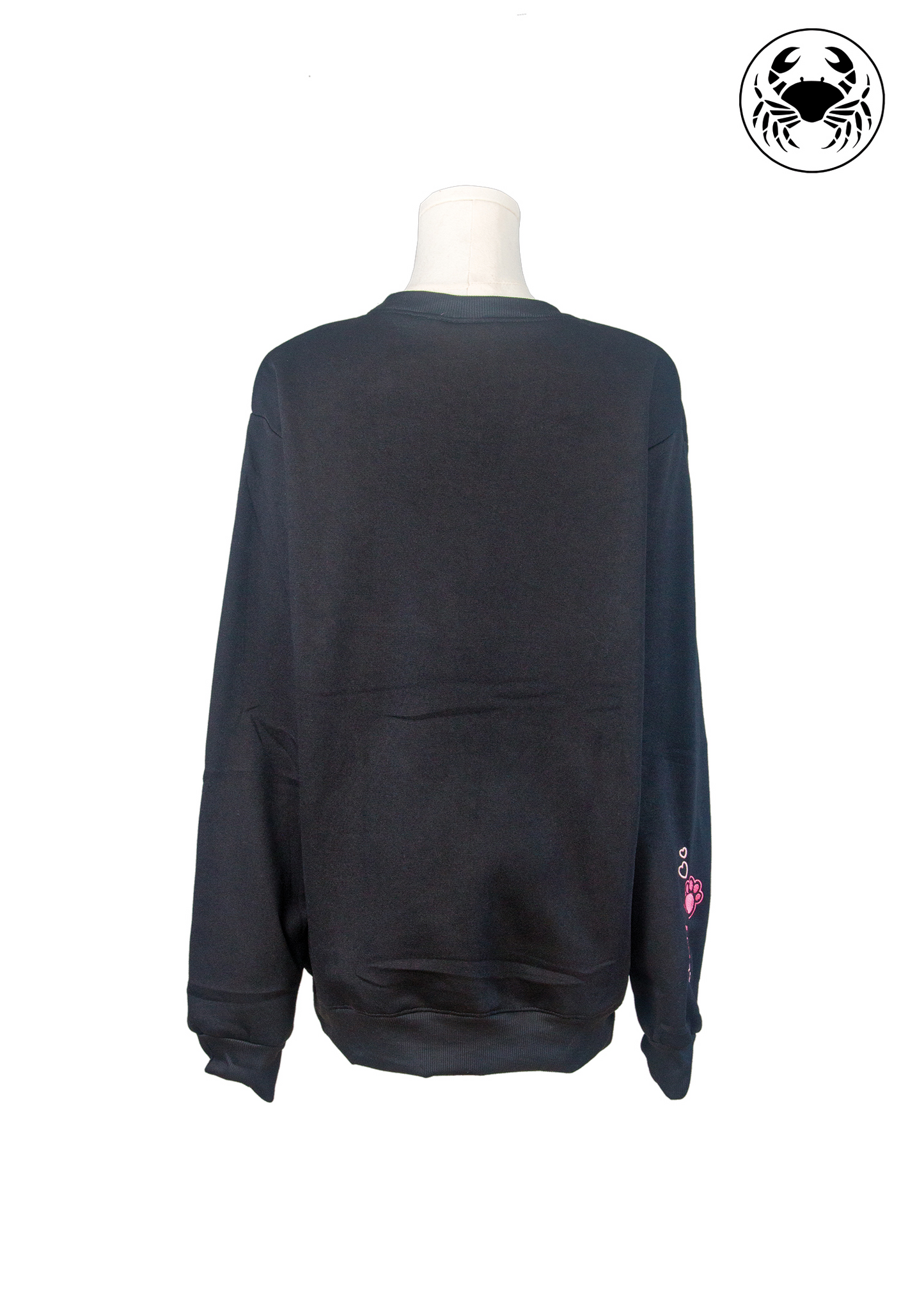 Back view of Karkata unisex black hoodie with plain back and visible sleeve embroidery of kawaii ramyeon cat paw prints
