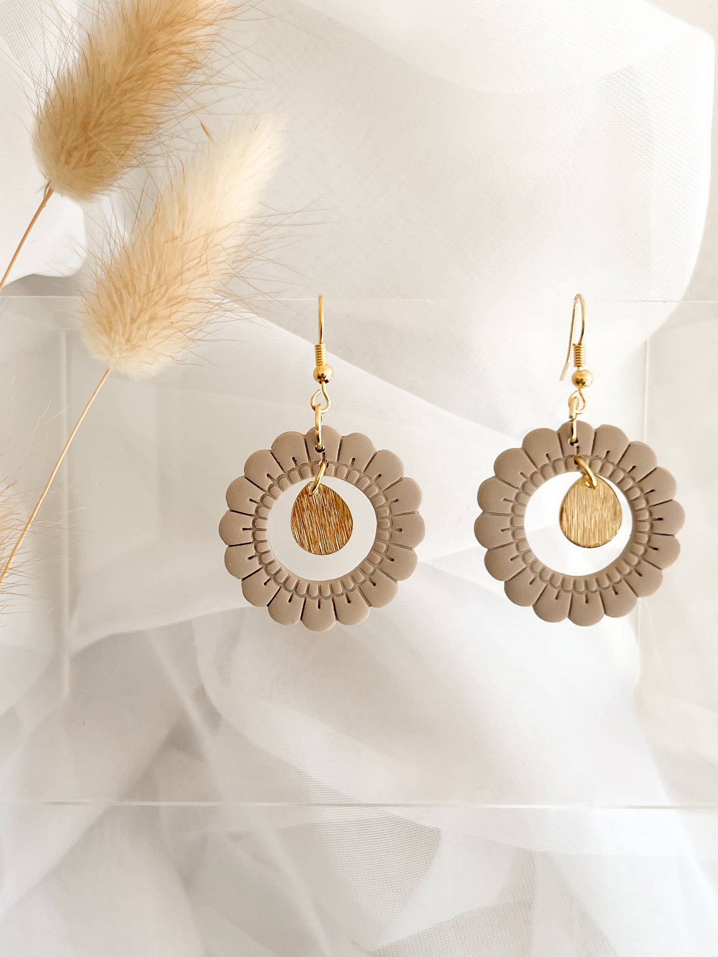 Amy clay dangle earrings in beige, minimalist Canadian handmade jewellery