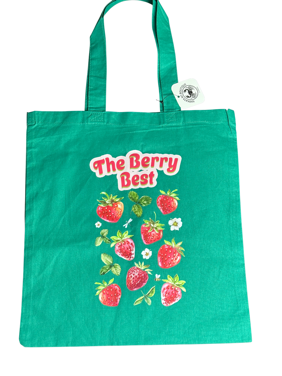 Green tote bag with "The Berry Best" printed on it