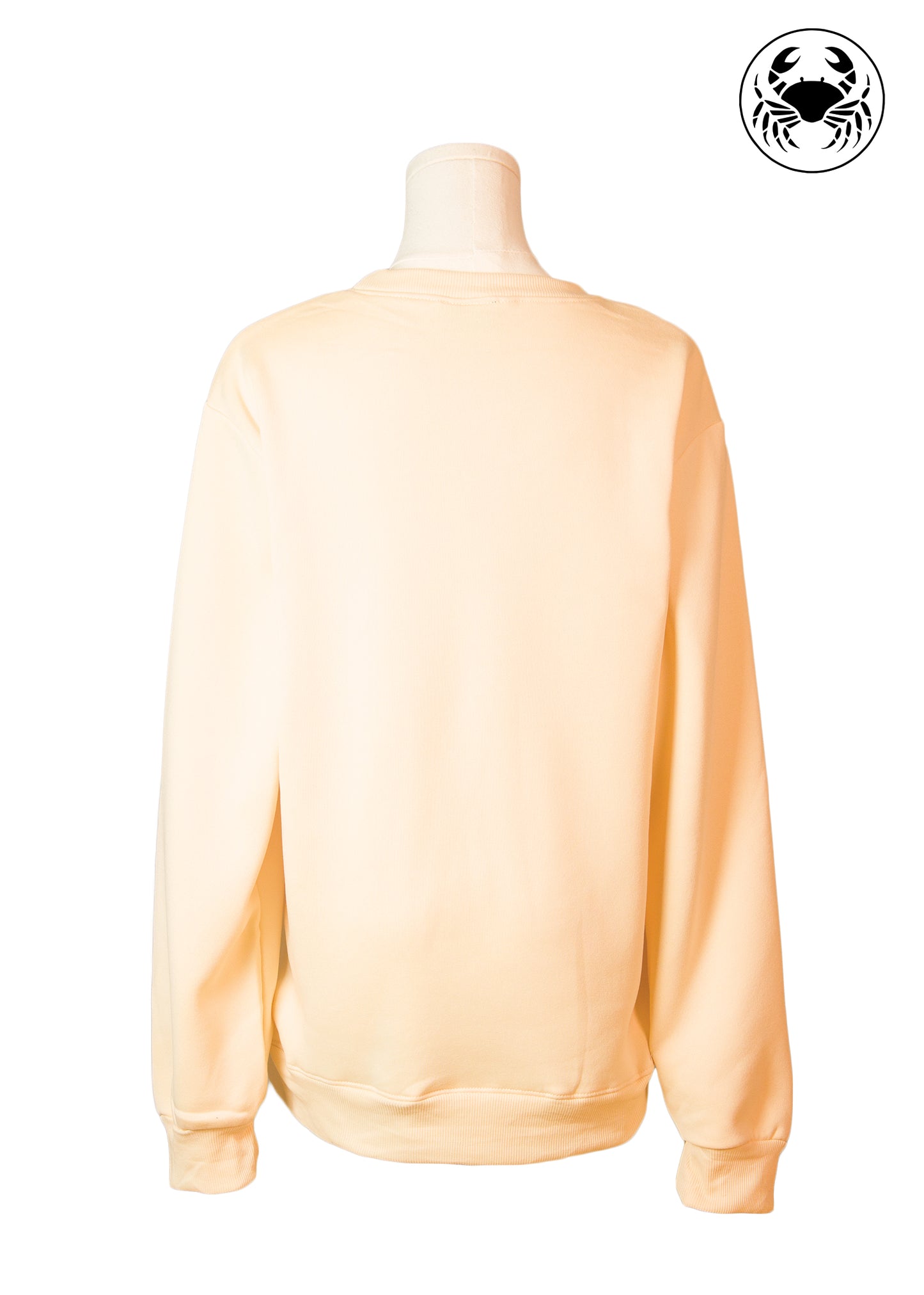 Back view of beige sweatshirt with maple leaf and “Proud Canuck” embroidery, Canadian apparel