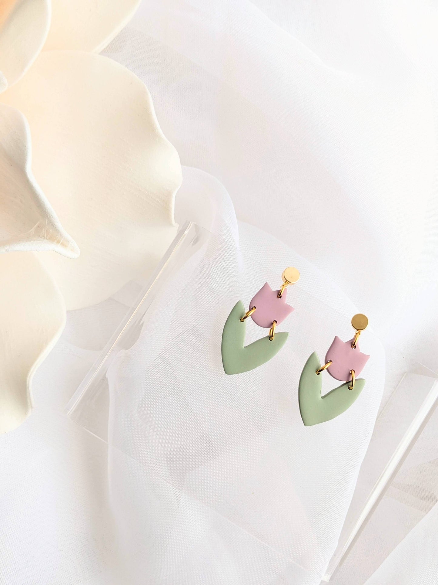 Lightweight polymer clay earrings in neutral tones, minimalist handcrafted design, hypoallergenic posts.