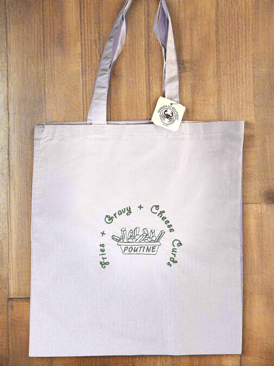 Embroidered cotton tote bag with poutine ingredients – Fries, Gravy, Cheese Curds design – grey