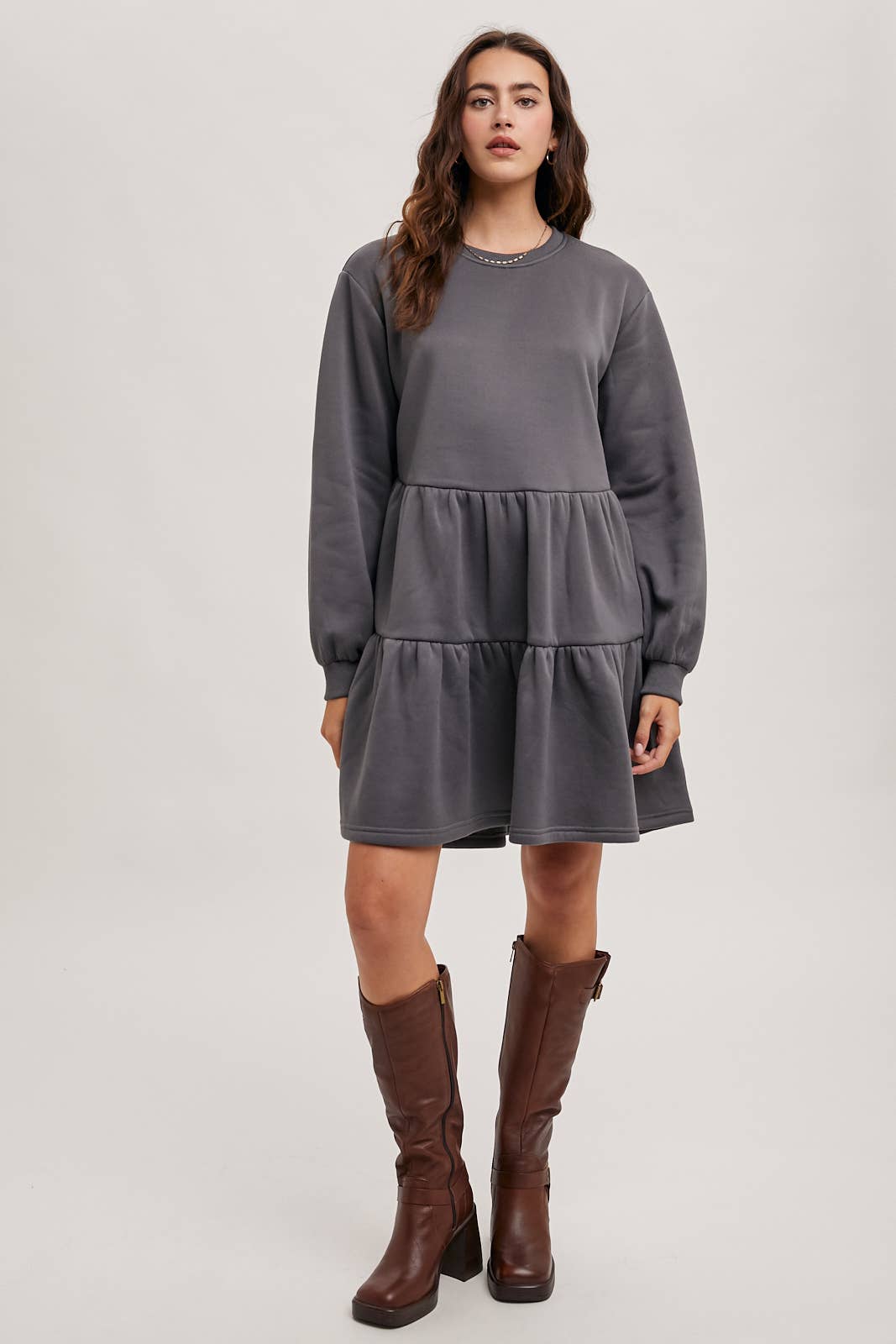 Karkata NC Boutique ash grey tiered sweatshirt knit dress