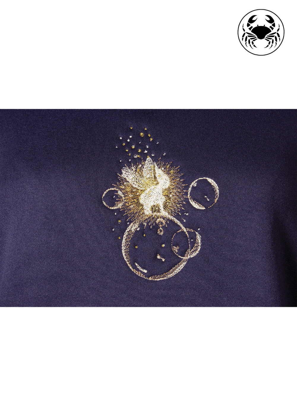 Close-up of embroidered fairy sitting on bubbles on navy blue hoodie, Canadian apparel