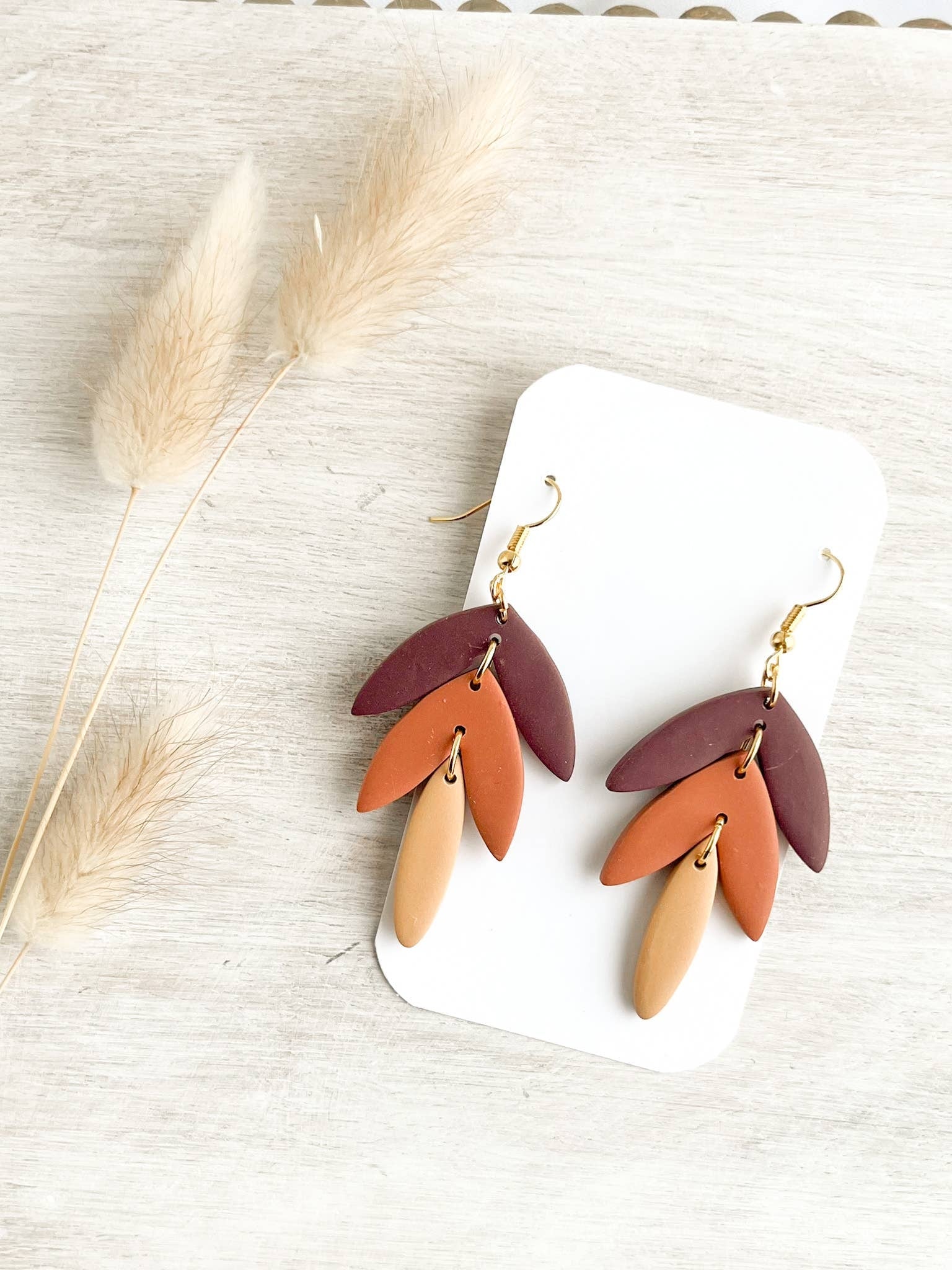 Aria polymer clay dangle earrings in tricolour, handmade statement autumn jewellery