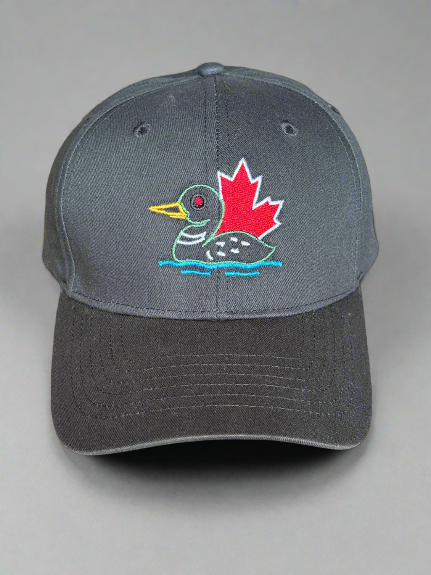 Black structured baseball cap with embroidered loon and red maple leaf, adjustable, Canadian wildlife theme, unisex.