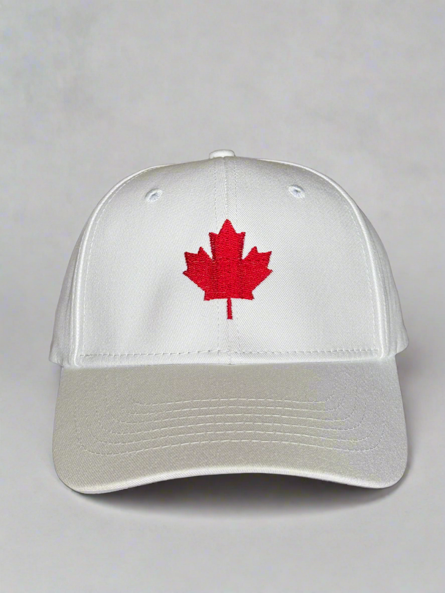  Front view of a white baseball cap with a large red embroidered maple leaf