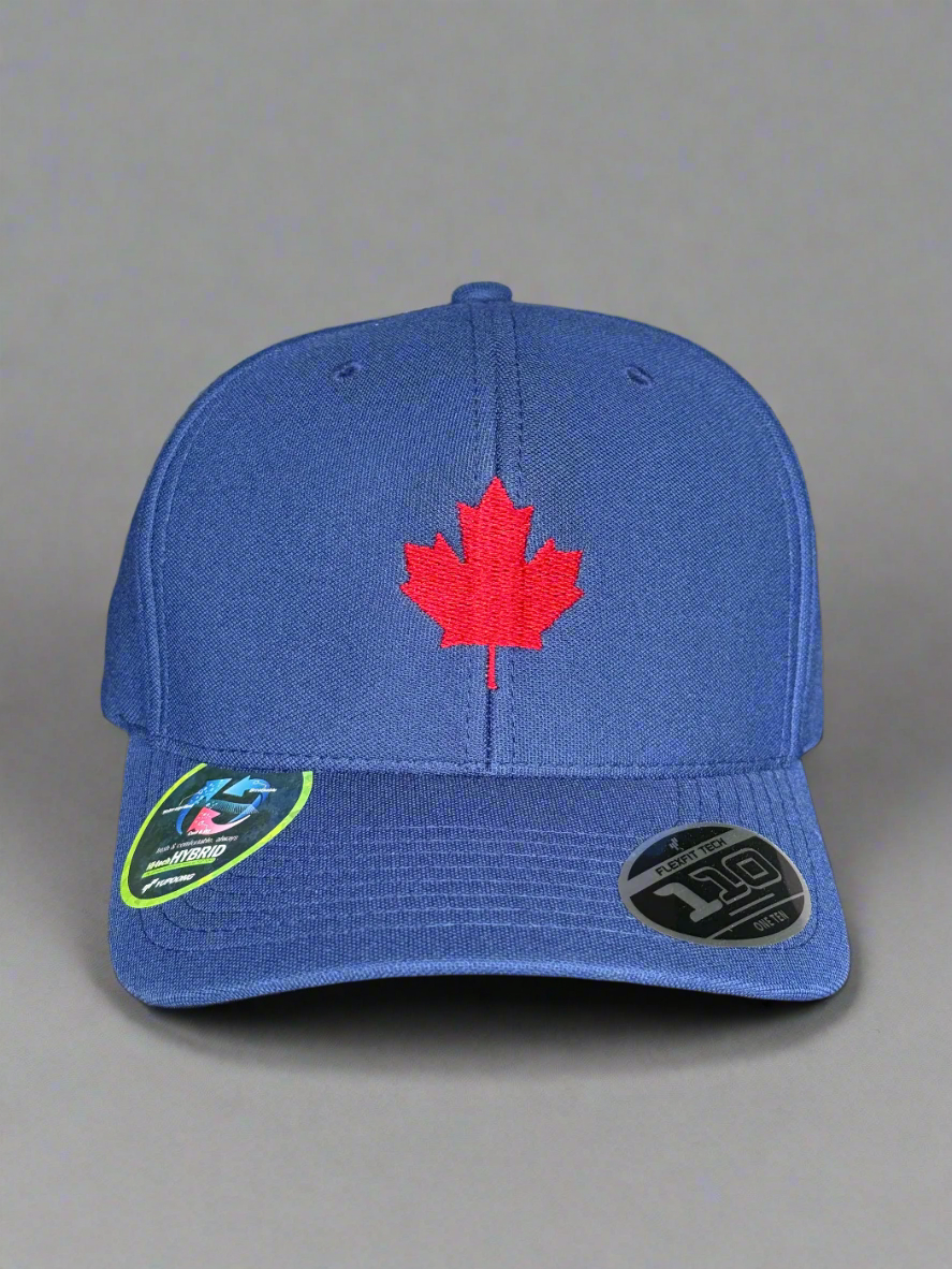  Front view of blue denim baseball cap with bold red embroidered maple leaf