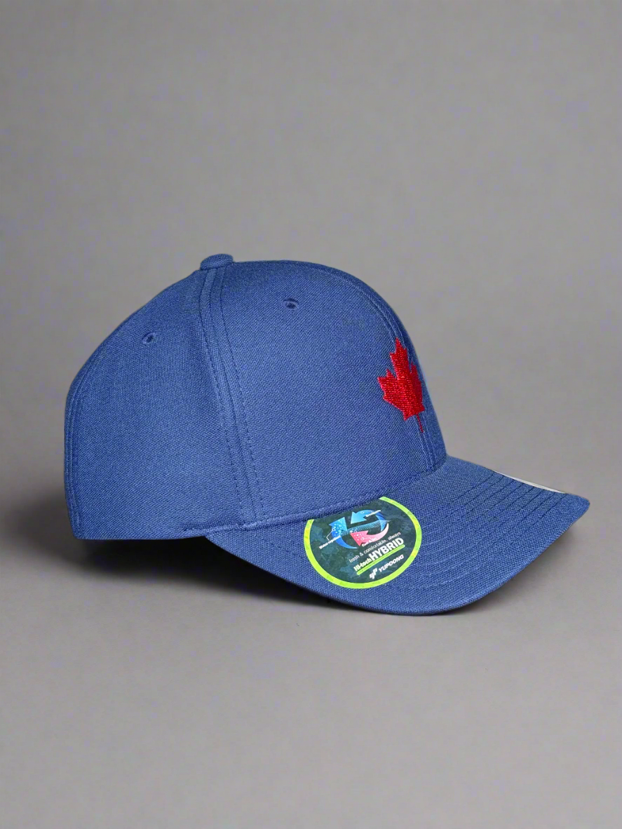 Side angle of denim maple leaf cap with red leaf design