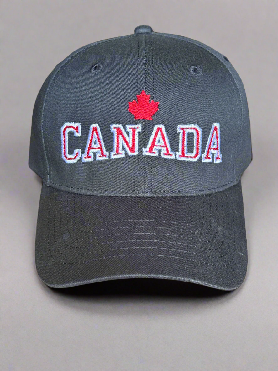 Black structured Canada Maple Leaf baseball cap with embroidered "CANADA" and red maple leaf, adjustable, unisex