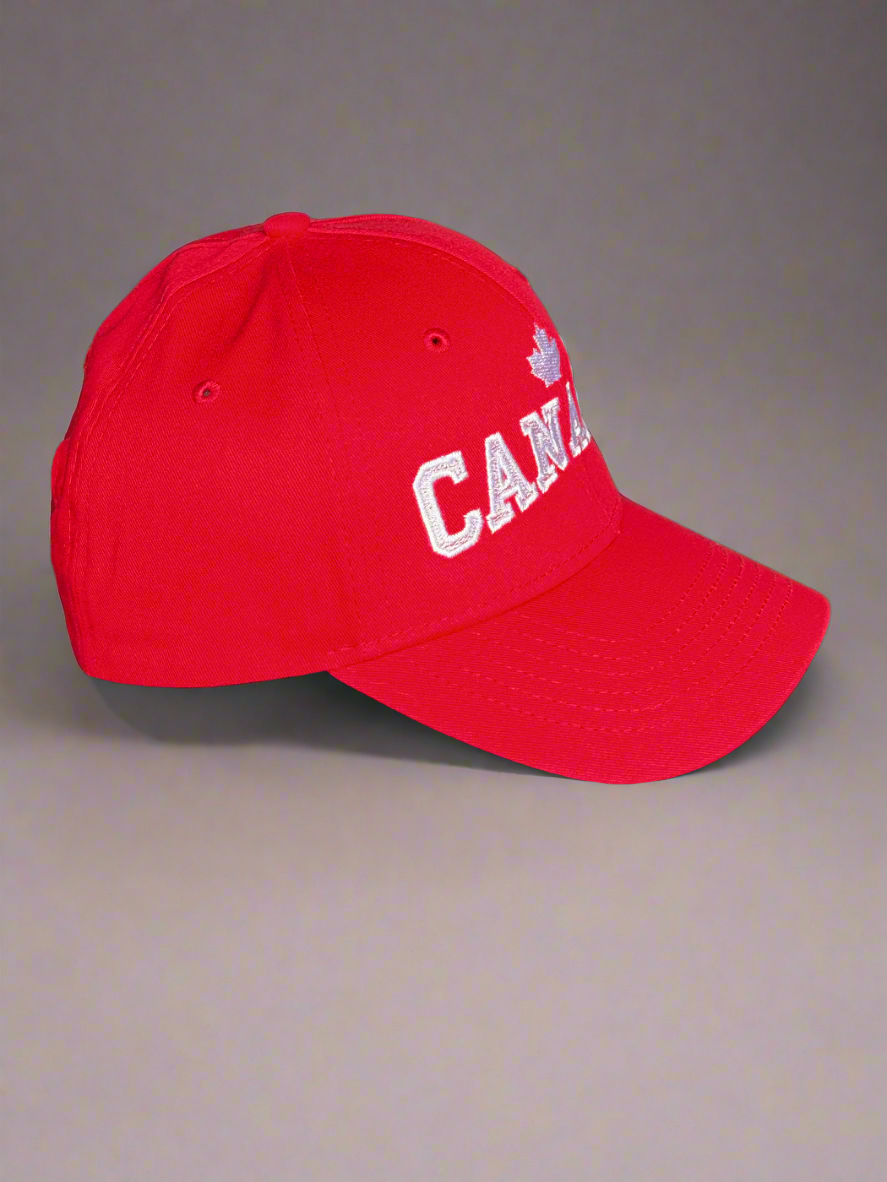 Red structured Canada Maple Leaf baseball cap with embroidered "CANADA" and maple leaf, adjustable, unisex.