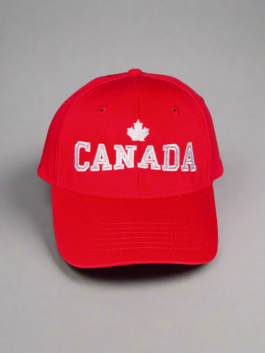 Red structured Canada Maple Leaf baseball cap with embroidered "CANADA" and maple leaf, adjustable, unisex