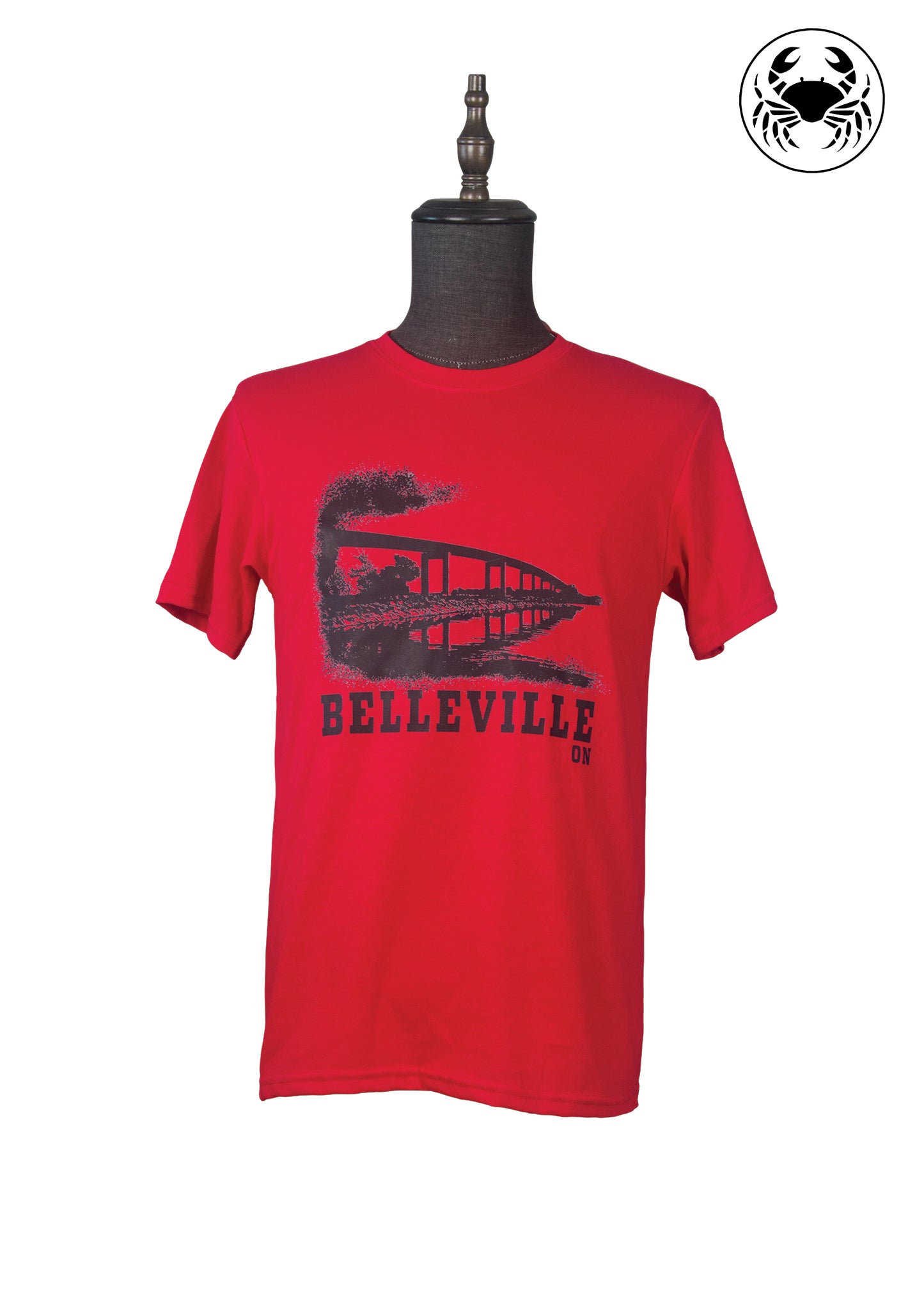 Front view of red graphic t-shirt with Belleville ON bridge design in black print