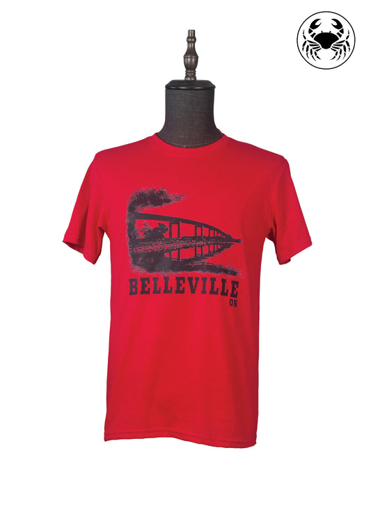 Front view of red graphic t-shirt with Belleville ON bridge design in black print