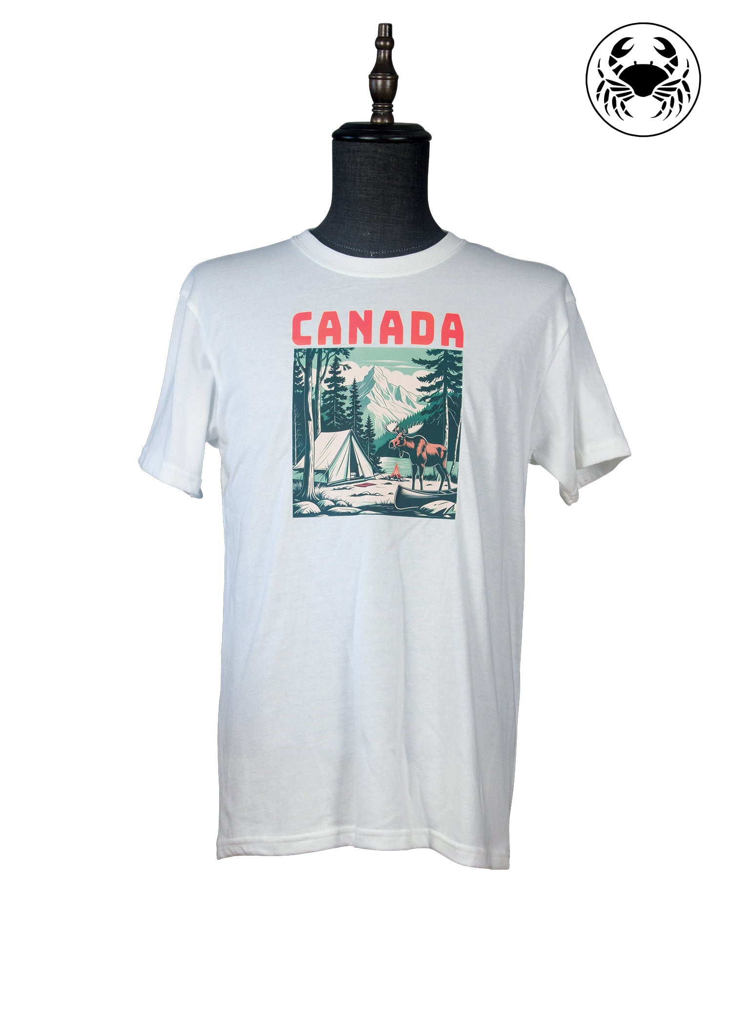Front view of white t-shirt with Canada camping graphic, featuring tent, moose, forest, and mountains
