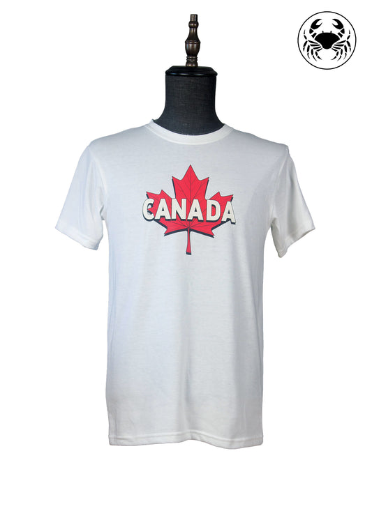 Front view of white t-shirt with red maple leaf and "CANADA" graphic print