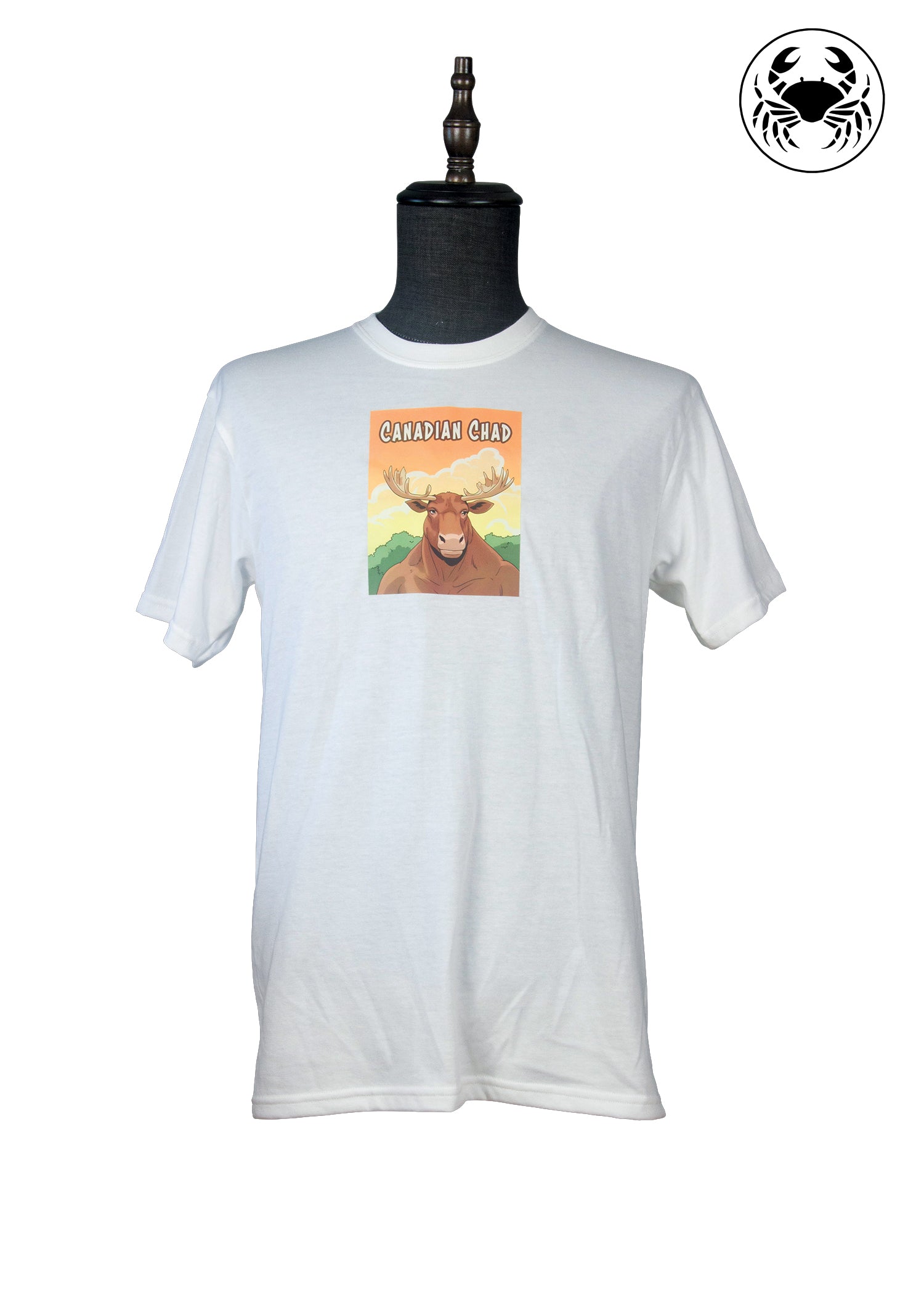 Front view of white t-shirt with “Canadian Chad” cartoon moose and sunrise graphic