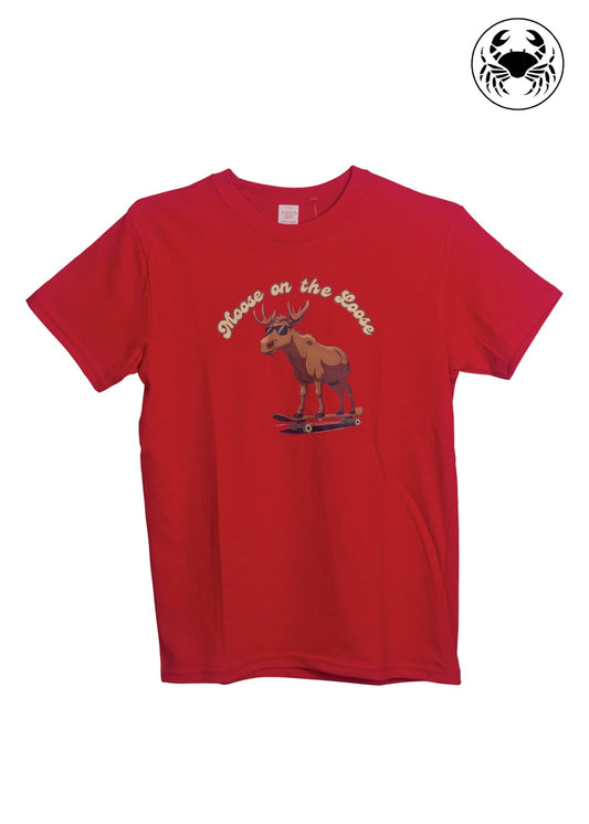 Front view of red hoodie with embroidered beaver and “CANADA” graphic, unisex fit