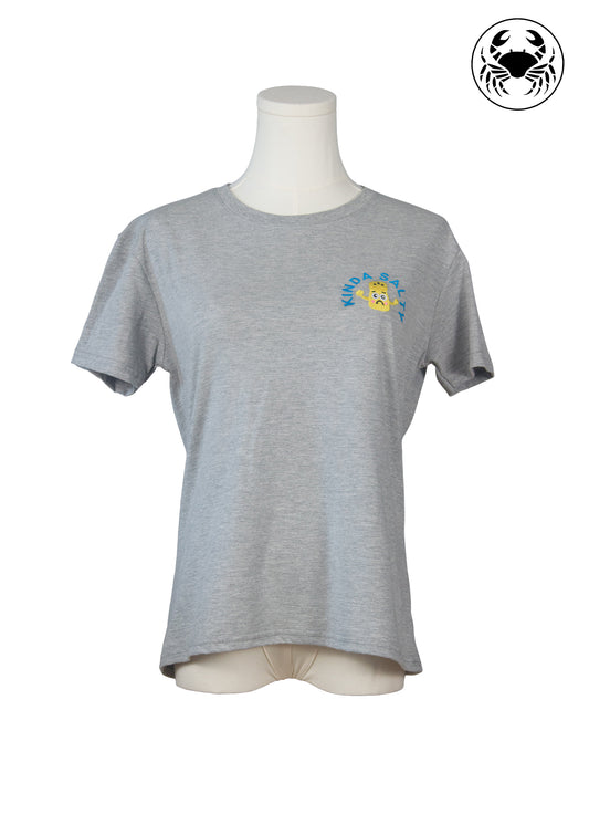 Front view of grey t-shirt with small embroidered sad salt shaker and blue “KINDA SALTY” text on chest
