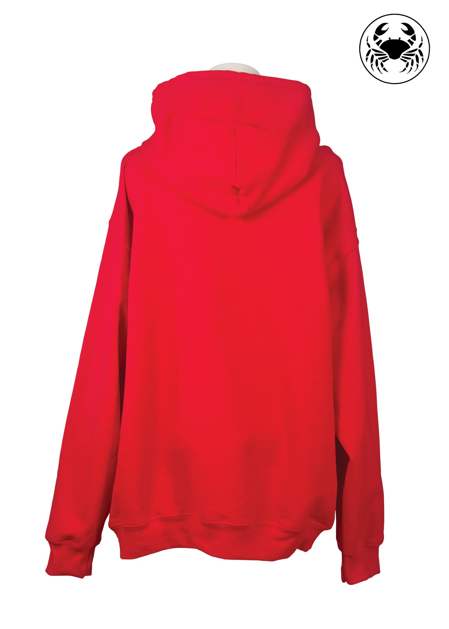 Back view of red hoodie with "Canadian Pulse" text and maple leaf heartbeat line graphic on front