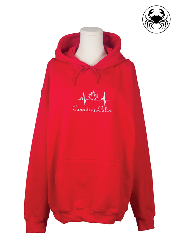 Canadian Pulse Embroidered Hoodie – Adult Cozy Red Fleece Sweatshirt
