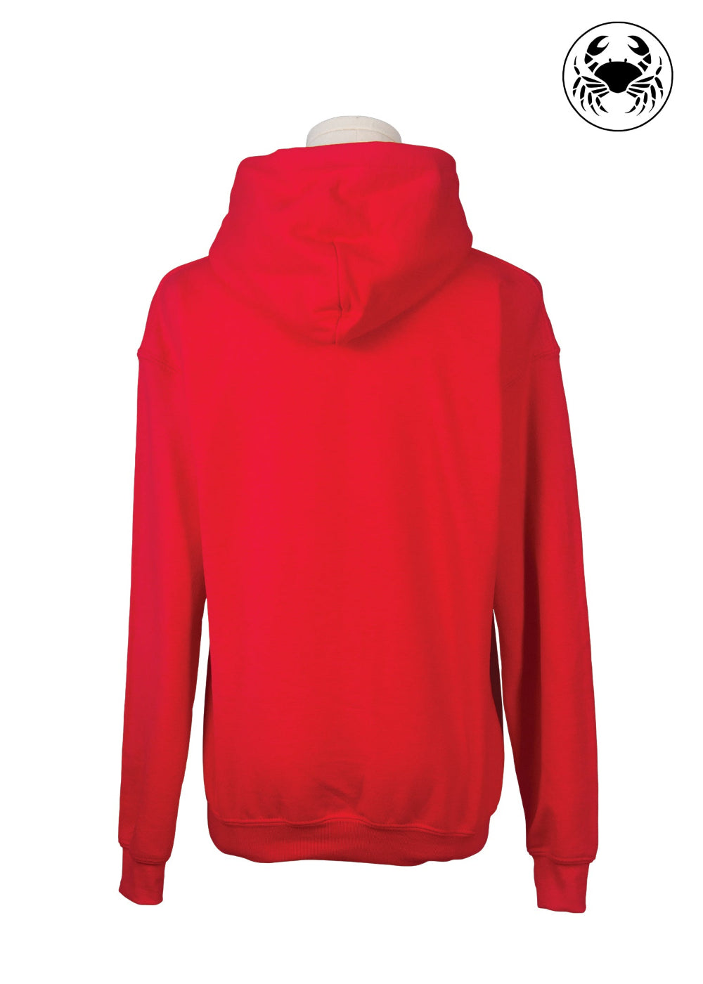Back view of red hoodie, “CANADA” and beaver embroidery on front, Canadian apparel