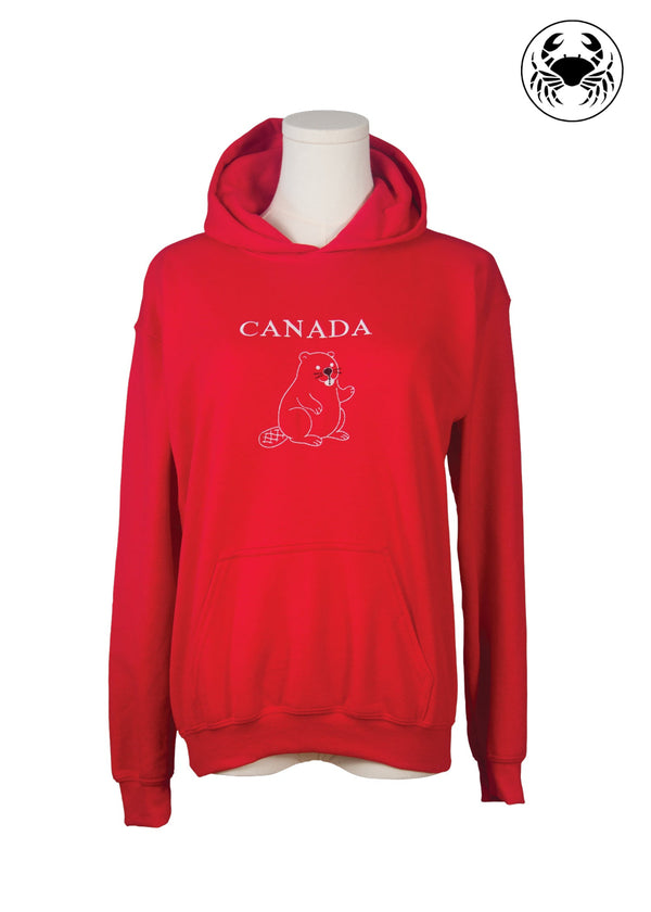 Canada Beaver Red Hoodie – Unisex Fleece Pullover, Warm Canadian Souvenir Sweatshirt