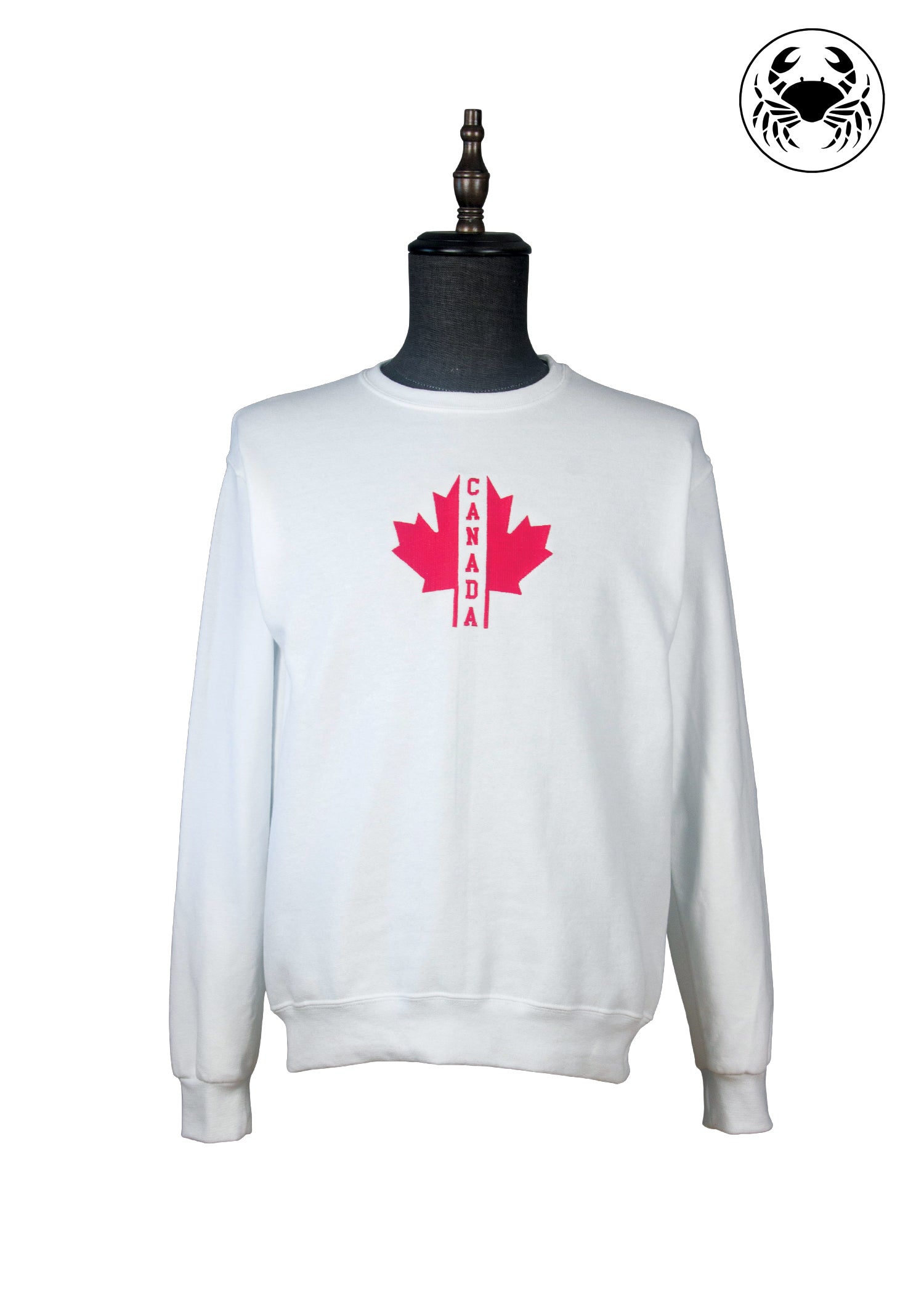 front view of White sweatshirt with red maple leaf and 'Canada' text