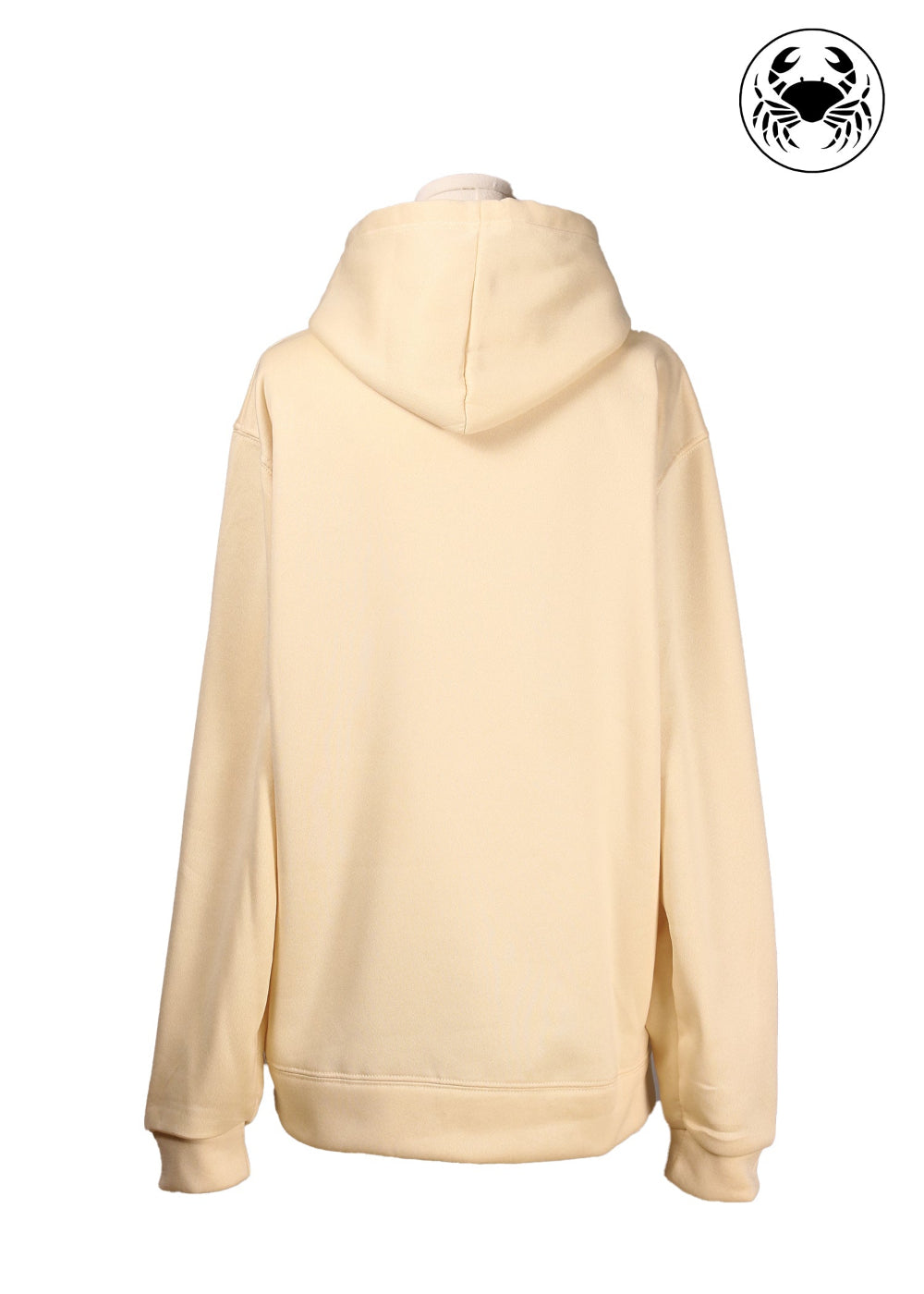Back view of Unisex beige hoodie with a front kangaroo pocket, drawstring hood, and an embroidered chest design featuring a Cat Caught in a Moment with Butterfly