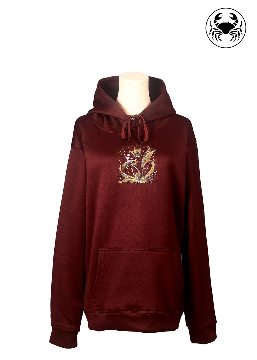 Front view of maroon hoodie with embroidered ballerina design, Canadian apparel