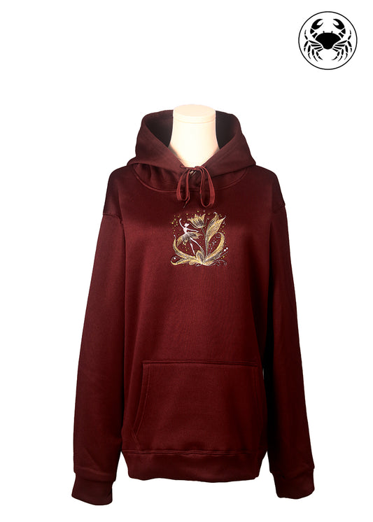 Front view of maroon hoodie with embroidered ballerina design, Canadian apparel