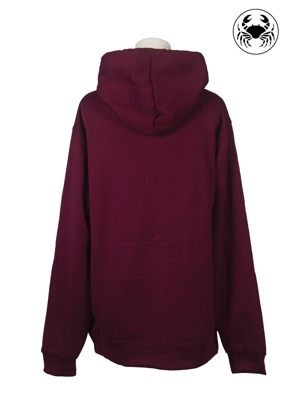 Back view of Unisex maroon fleece hoodie featuring a front kangaroo pocket, adjustable drawstring hood, and an embroidered chest design of a Cat Caught in a Moment with Butterfly