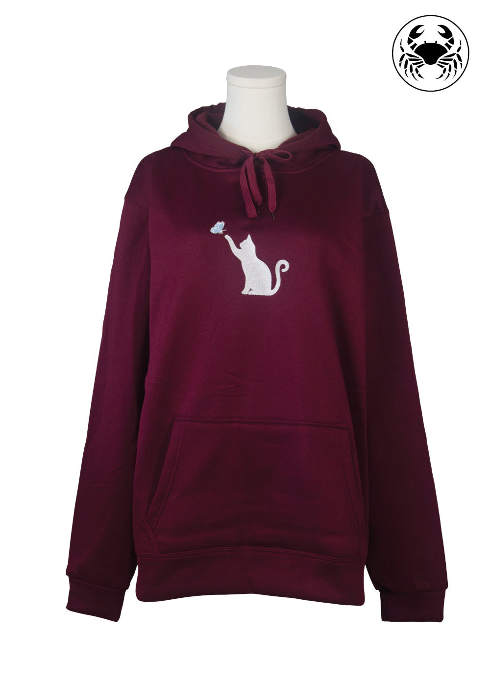 Front view of Unisex maroon fleece hoodie featuring a front kangaroo pocket, adjustable drawstring hood, and an embroidered chest design of a Cat Caught in a Moment with Butterfly