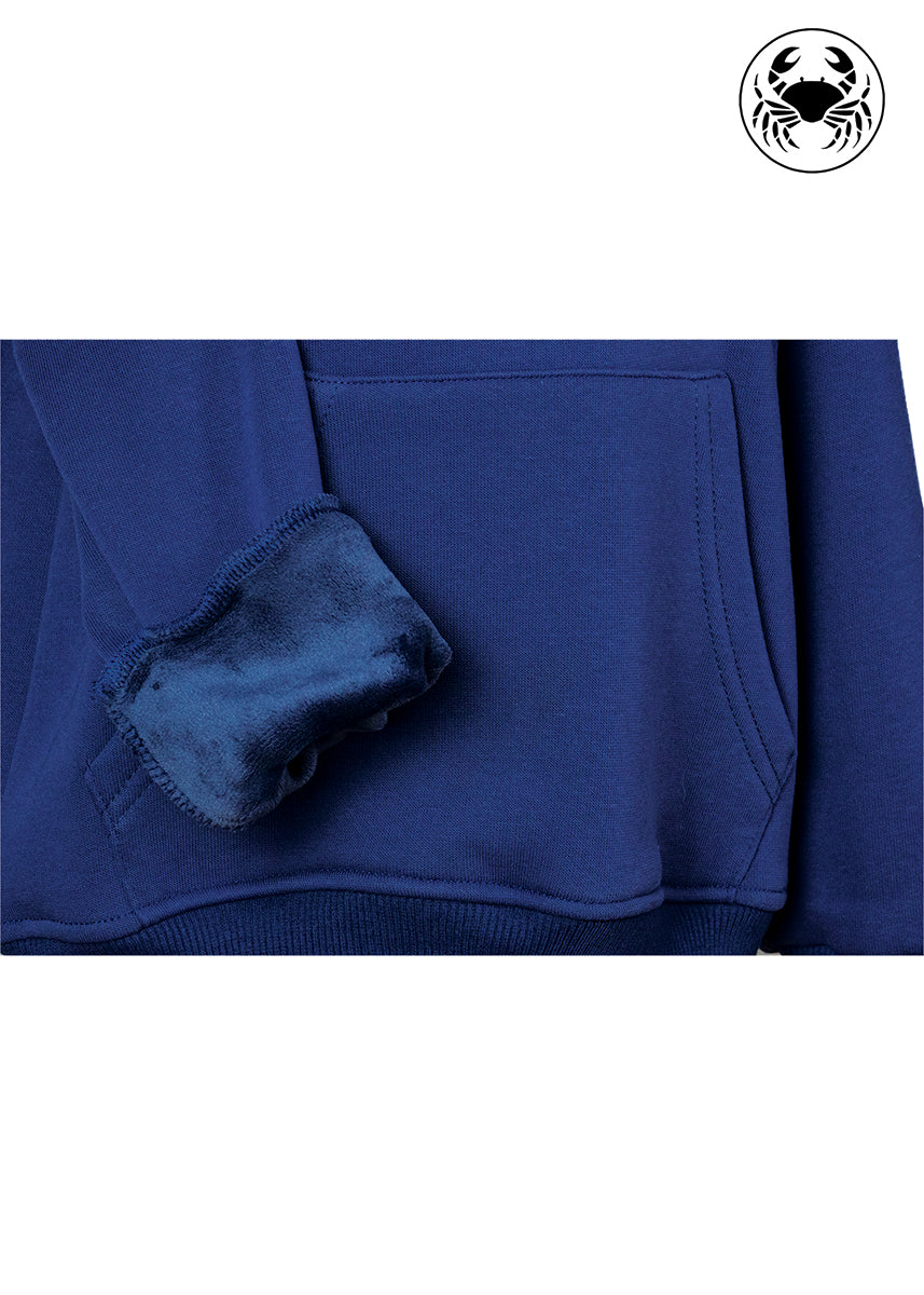 close up view of the fleece fabric of navy blue hoodie with embroidered cute panda graphic on front, cozy unisex children's sweatshirt