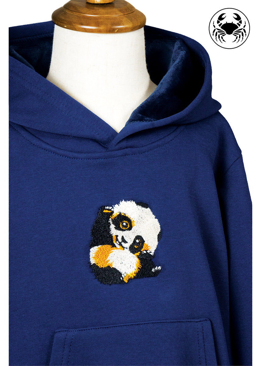 Navy blue hoodie with embroidered cute panda graphic on front, cozy unisex children's apparel