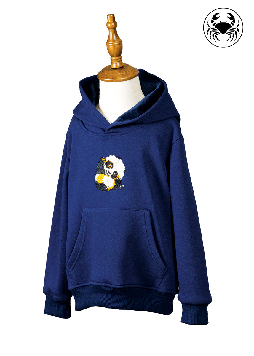 Navy blue hoodie with embroidered cute panda graphic on front, cozy unisex children's apparel
