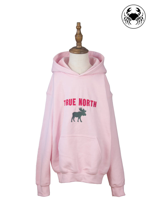 Pink hoodie with 'True North' text and moose graphic on front, cozy Canadian-style unisex apparel