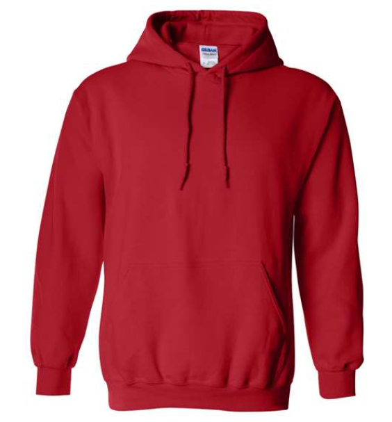 Front view of Red drawstring hoodie with "Canadian Pulse" text and maple leaf heartbeat line graphic