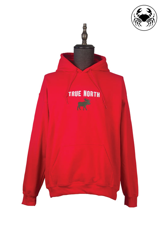 Red hoodie with 'True North' text and  moose graphic on the front, Canadian unisex casual wear