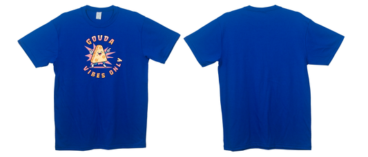 Royal blue t-shirt featuring a cartoon dancing wedge of cheese with the phrase “Gouda Vibes Only.”