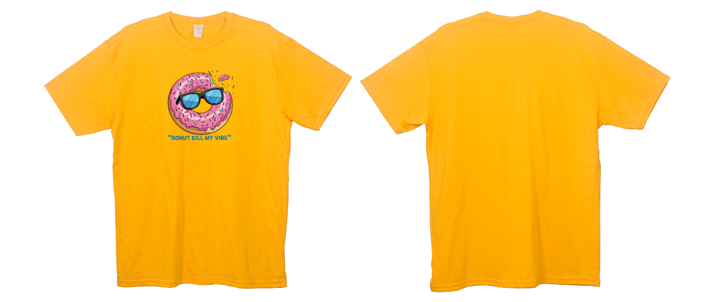 Front and back view of yellow unisex t-shirt featuring a pink frosted donut with sunglasses and "DONUT KILL MY VIBE" text on the front