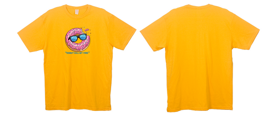 Front and back view of yellow unisex t-shirt featuring a pink frosted donut with sunglasses and "DONUT KILL MY VIBE" text on the front