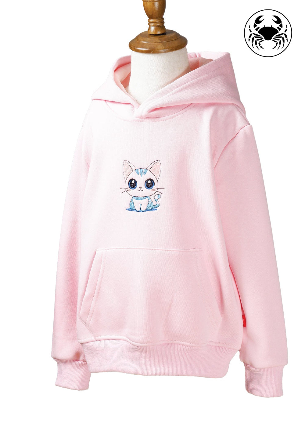 Front angled view of light pink hoodie for kids with embroidered cute kitty design, Canadian apparel