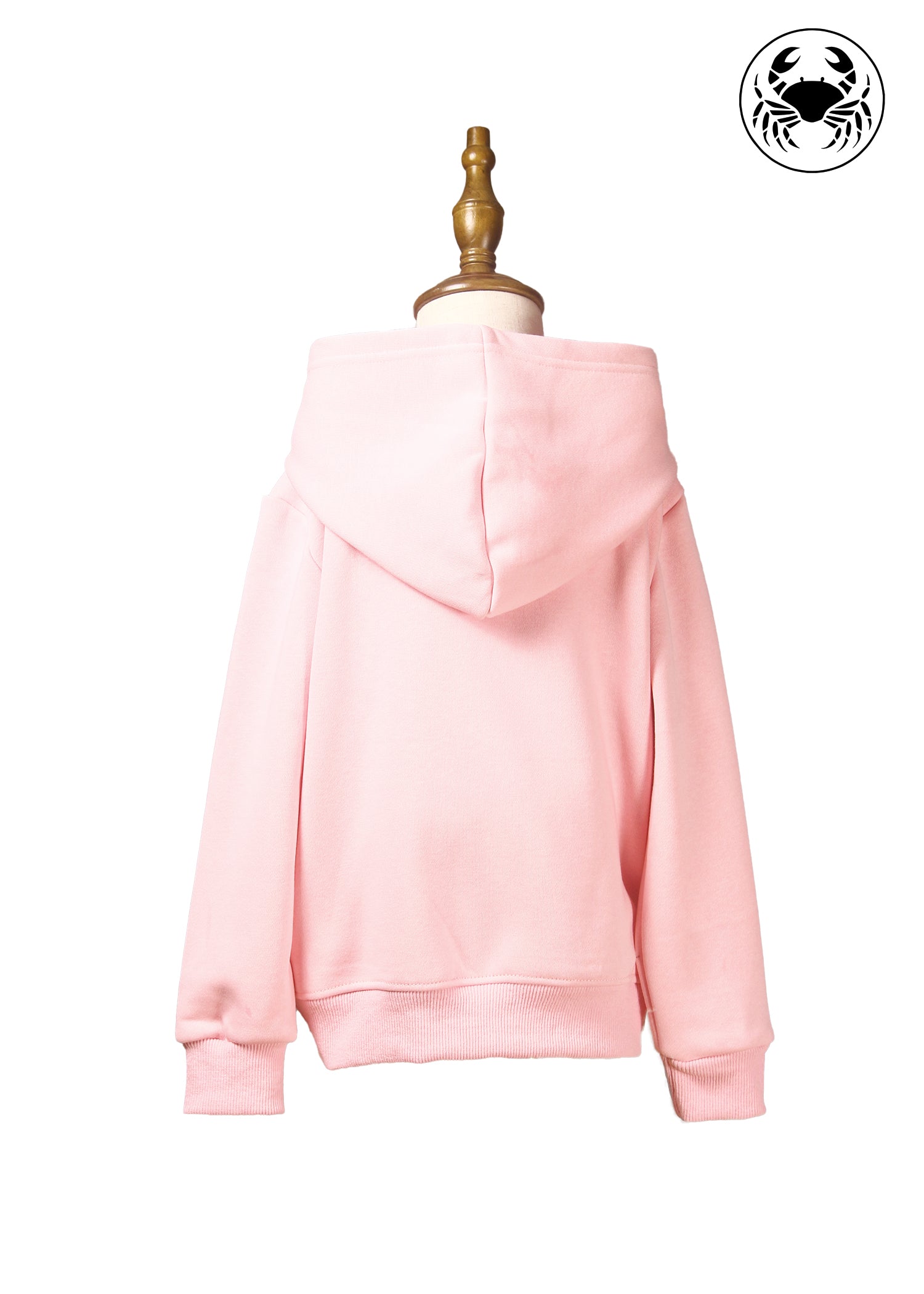 Back view of light pink hoodie for kids, cute kitty embroidered design on front, Canadian apparel