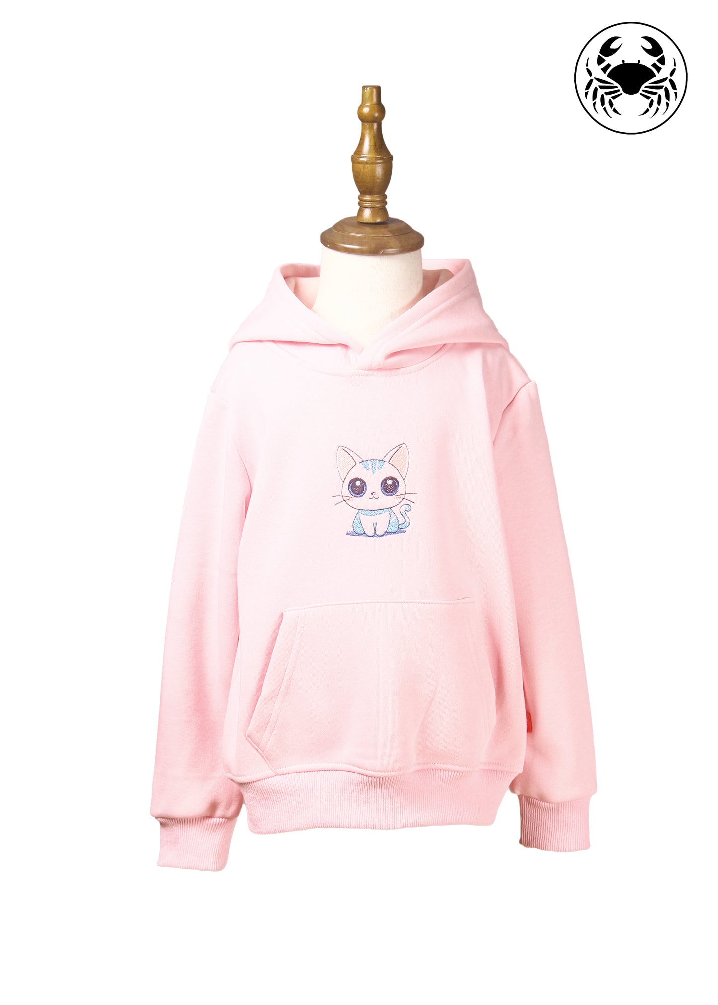 Front view of light pink hoodie for kids with embroidered cute kitty design, Canadian apparel
