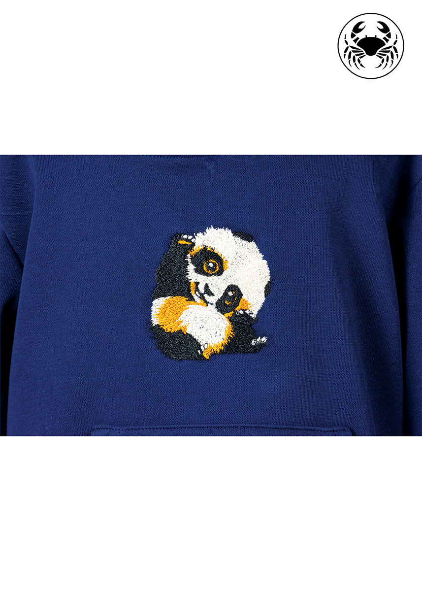 Navy blue hoodie with embroidered cute panda graphic on front close up