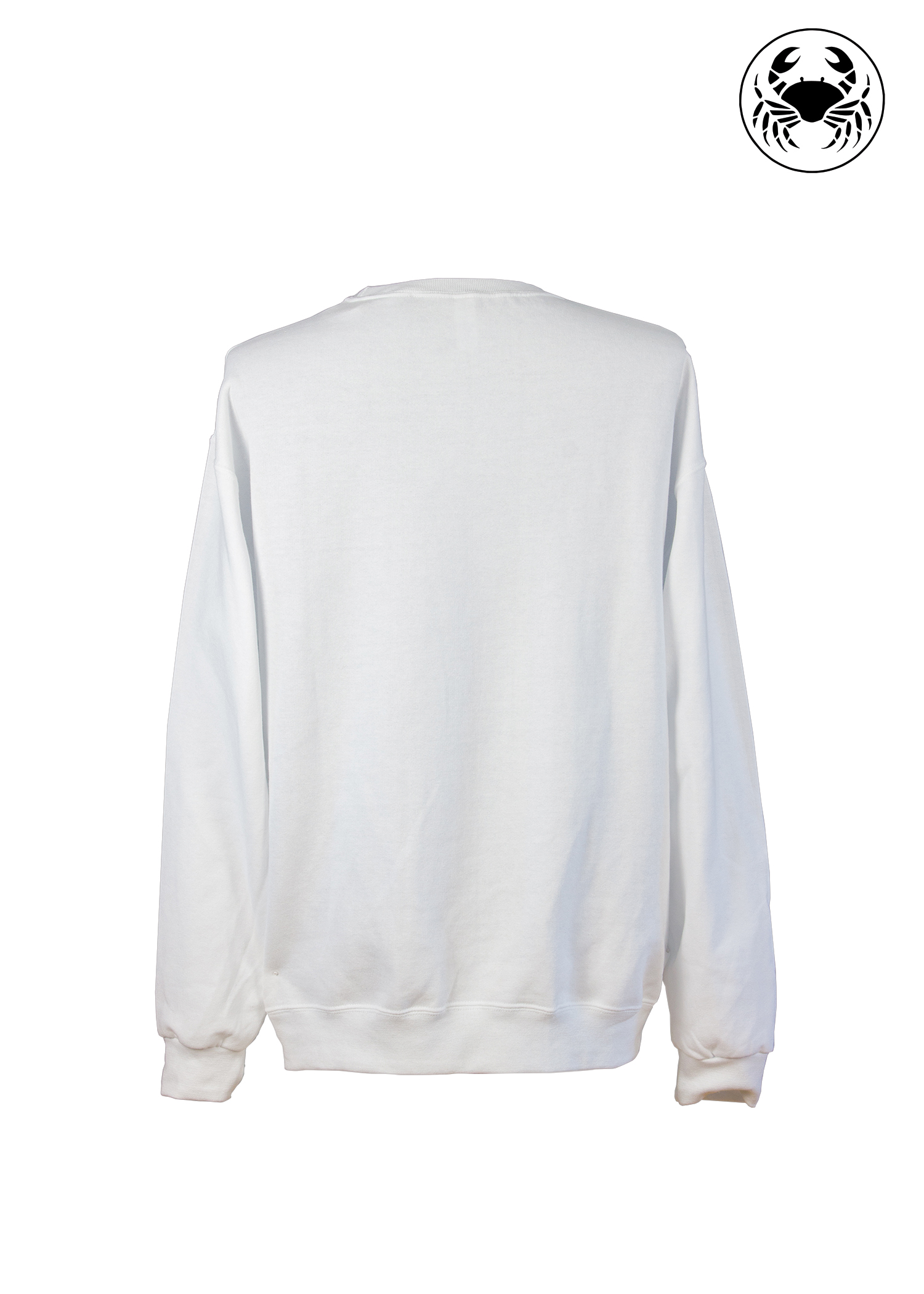 Back view of Karkata unisex white sweatshirt with plain back, dragon embroidery on front