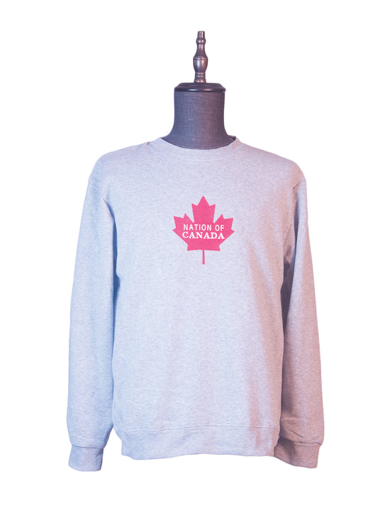Front view of light grey sweatshirt with "Nation Of Canada" embroidered on the front